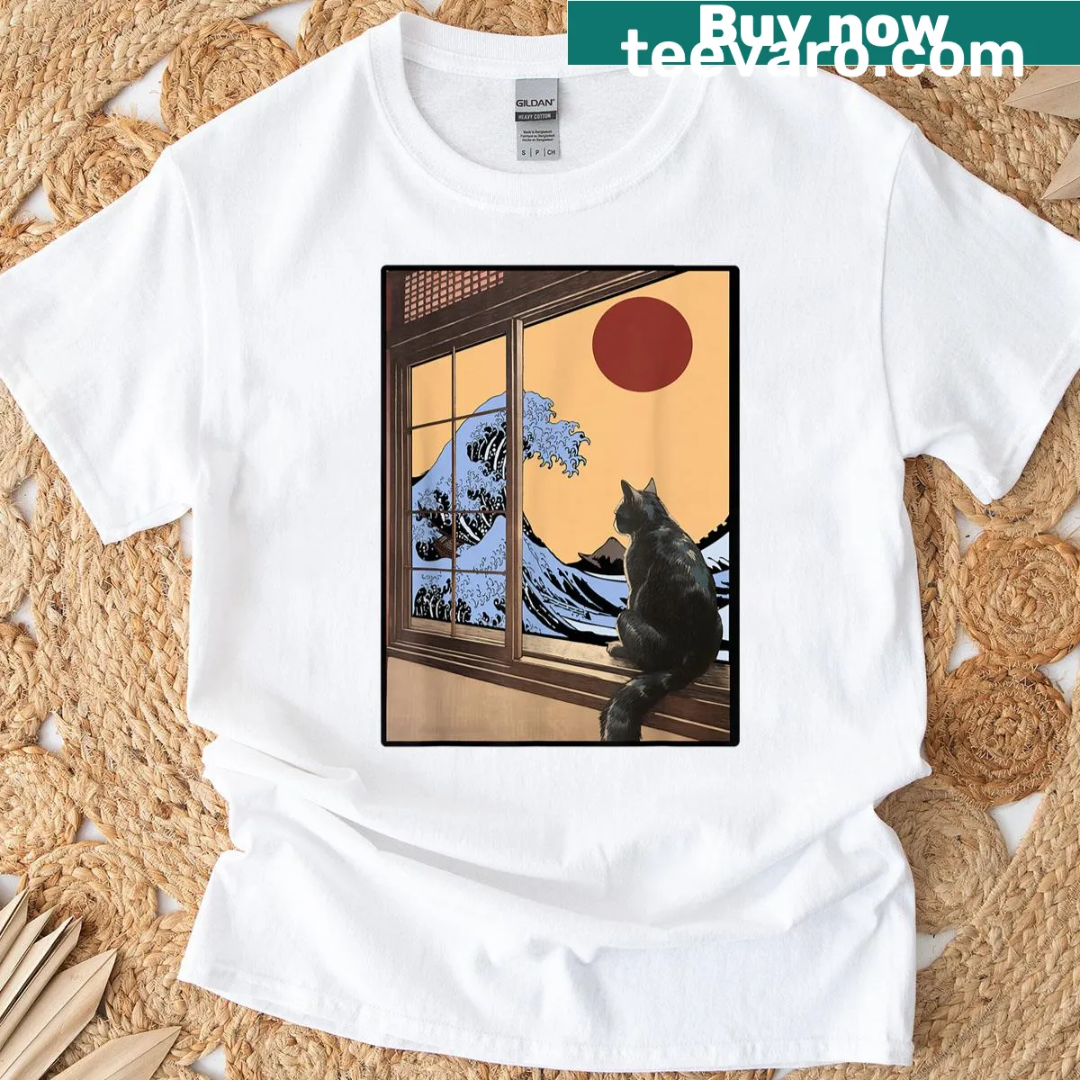 Cat watching the Great Wave Kanagawa and red moon artwork — on a men's t-shirt