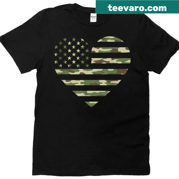 Camo heart silhouette T-shirt with American flag design
