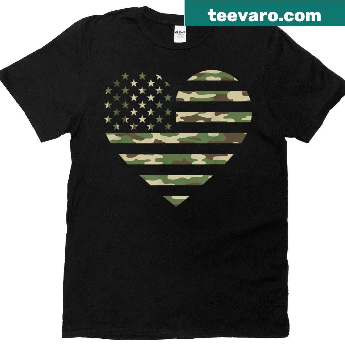 Camo heart silhouette T-shirt with American flag design — on a men's t-shirt