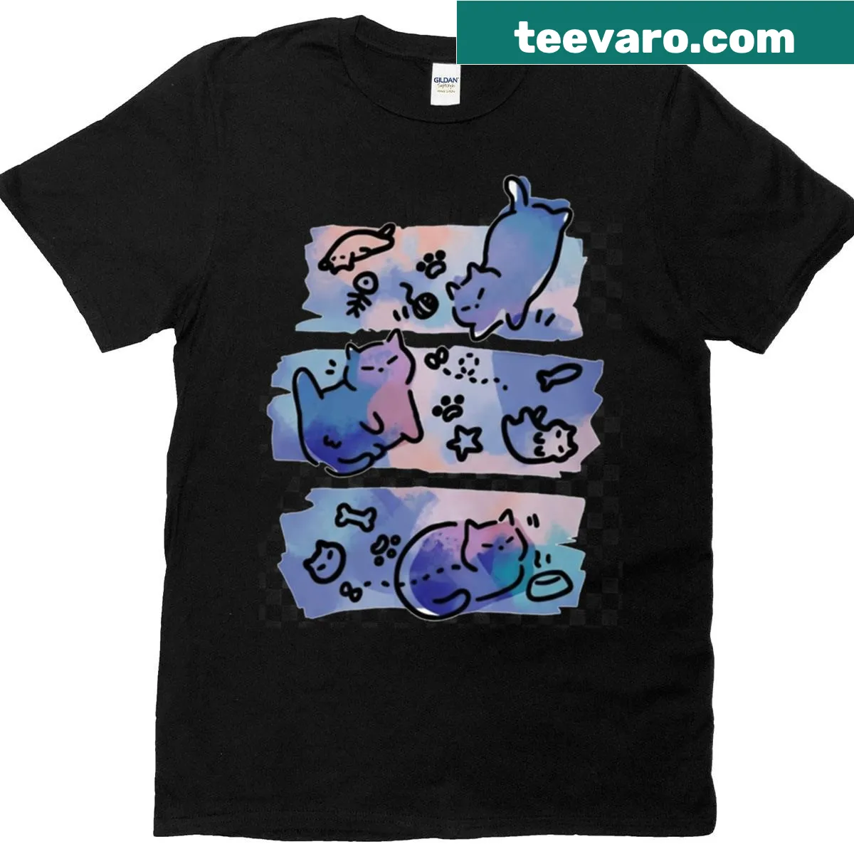 Illustrated T-shirt celebrating cat life — on a men's t-shirt
