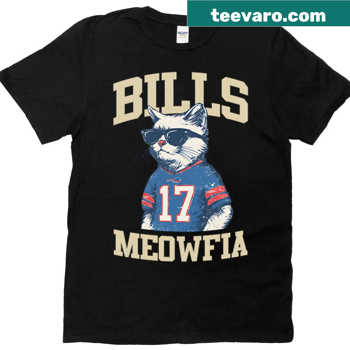 Buffalo Bills cat-themed Meowfia graphic t-shirt — on a men's t-shirt