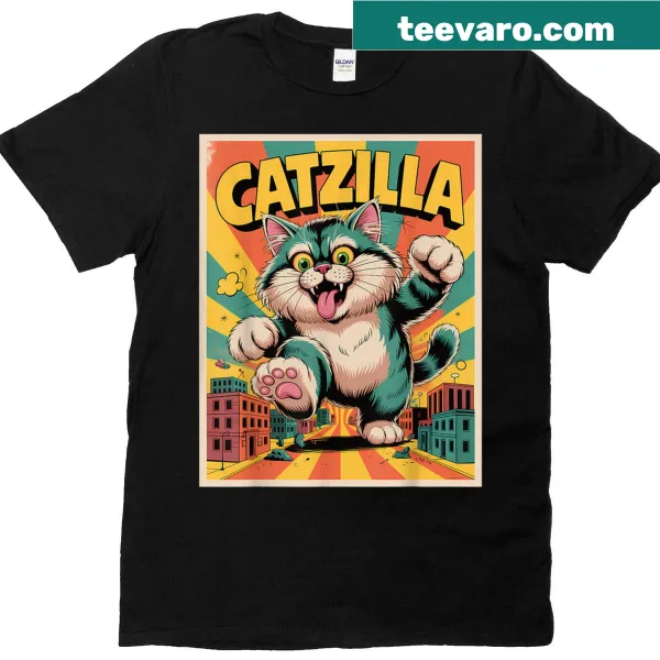 Vintage style Catzilla graphic t-shirt featuring a giant cat