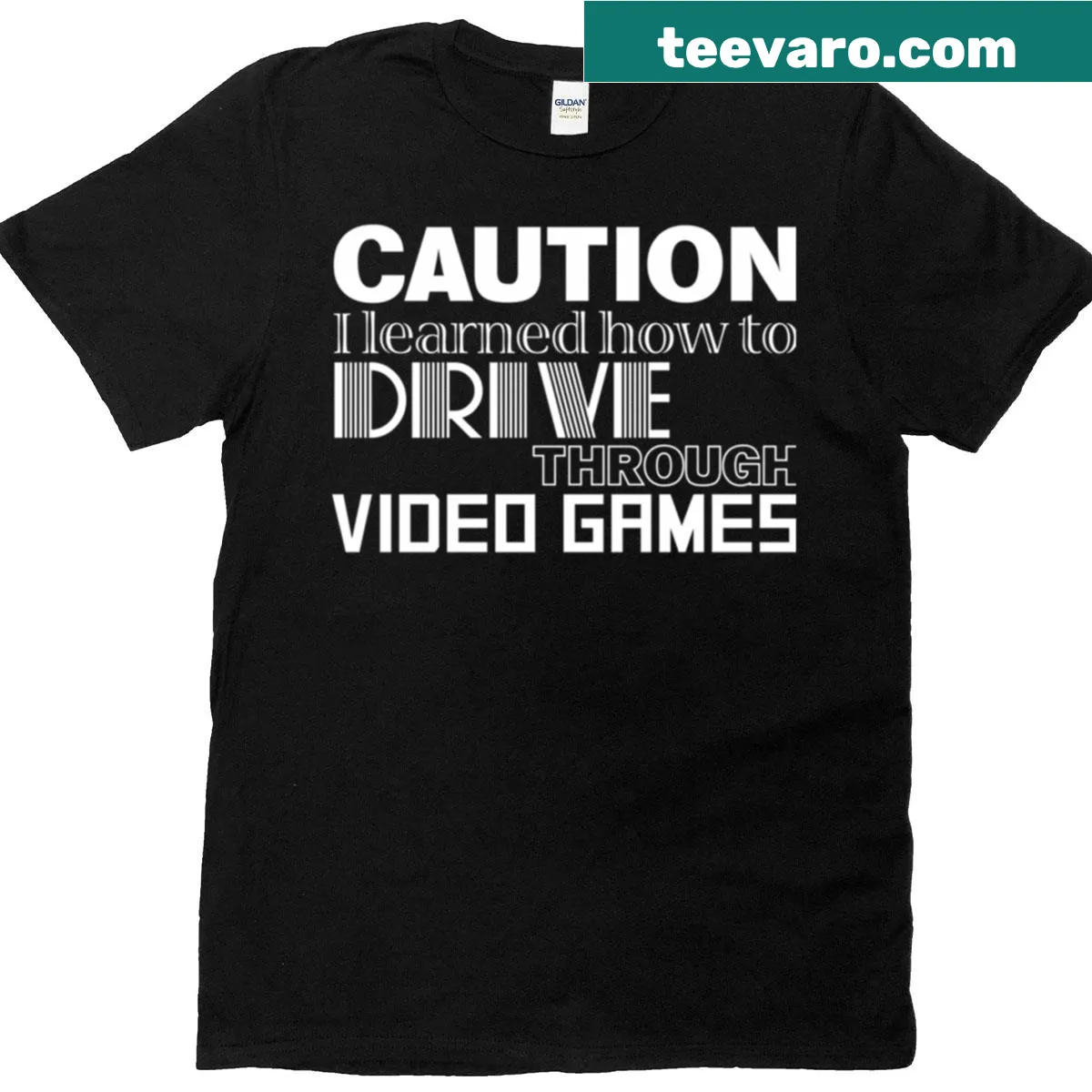 Funny driving video games caution graphic on T-shirt — on a men's t-shirt