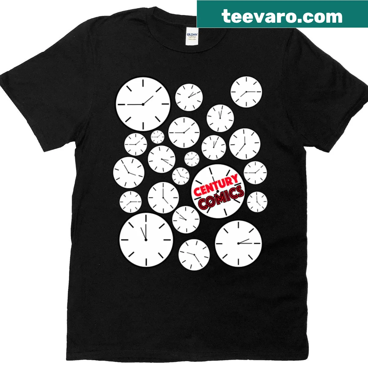 Bold Century Comics graphic logo t-shirt — on a men's t-shirt