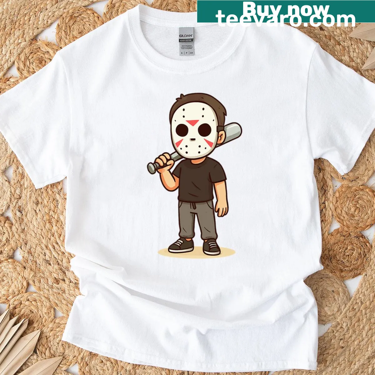 Vintage style t-shirt featuring a cartoon Jason with a bat — on a men's t-shirt