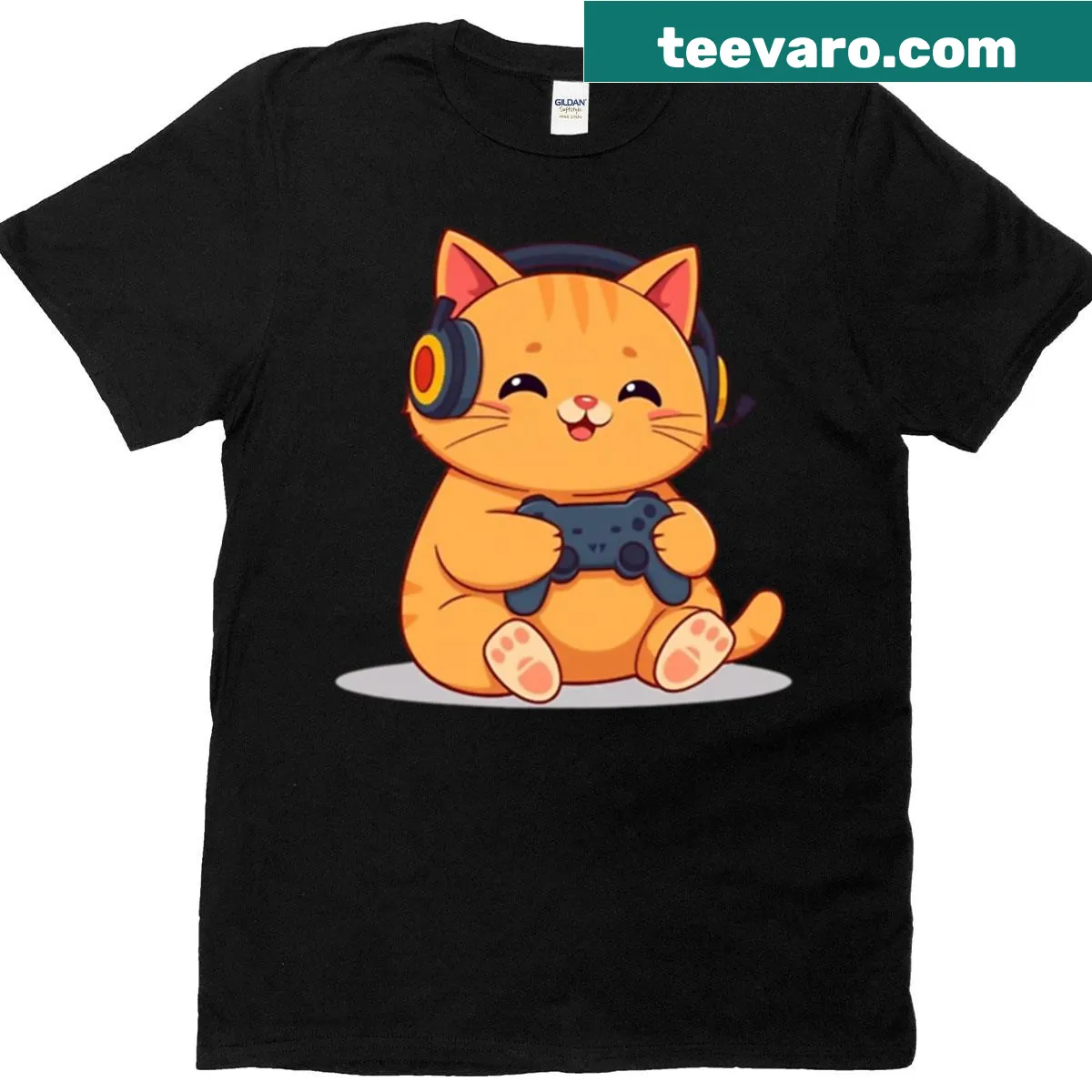 Cartoon sticker design T-shirt featuring a chubby orange cat — on a men's t-shirt