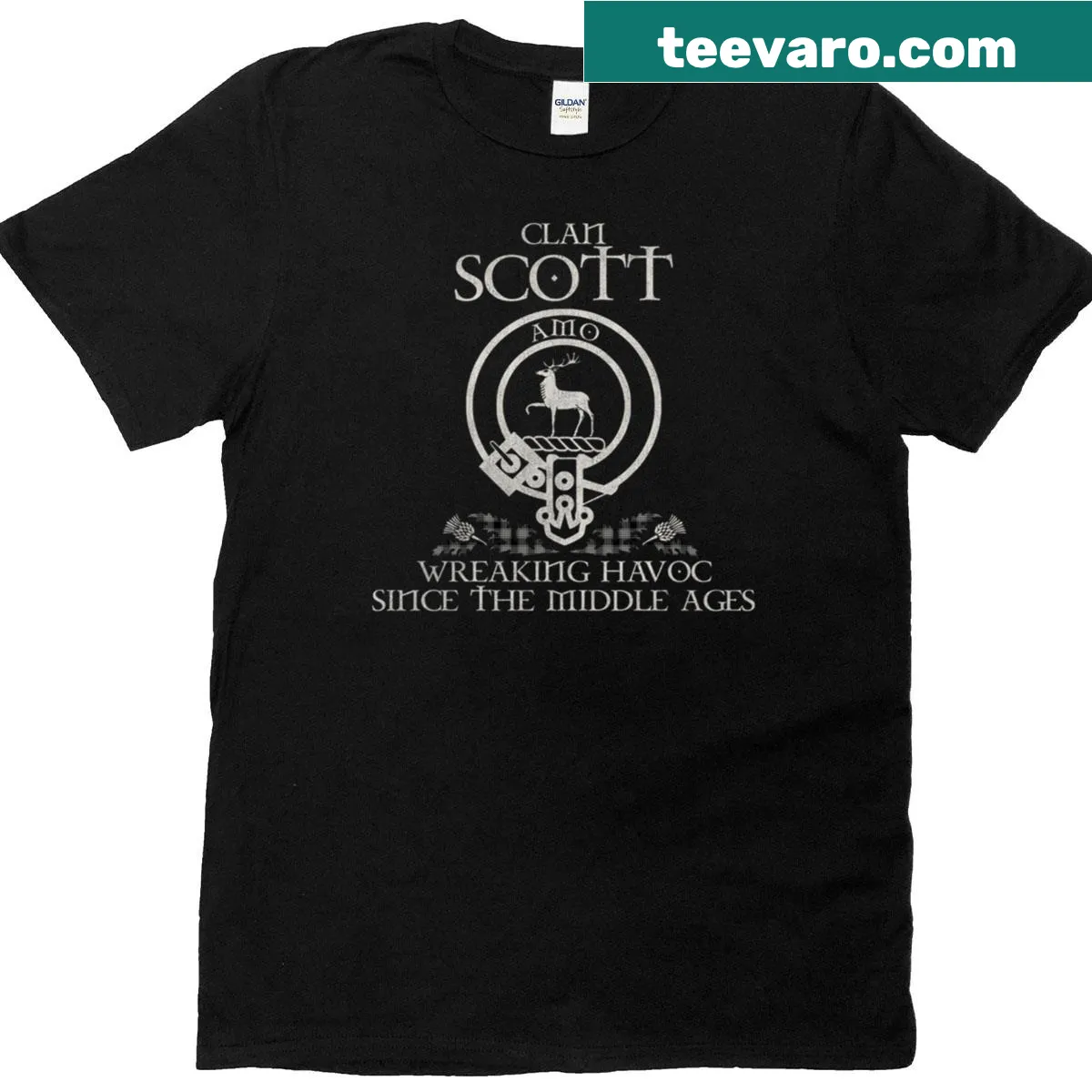 Vintage Clan Scott crest t-shirt with distressed design — on a men's t-shirt