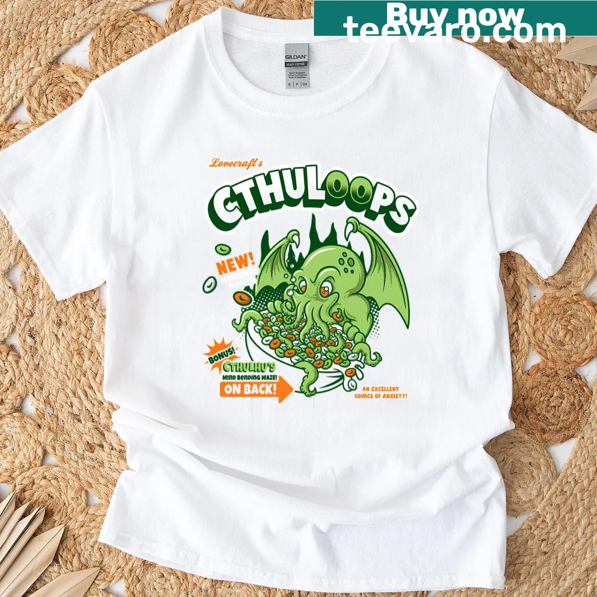 Playful illustrations of whimsical food items inspired by Cthulhu on a t-shirt — on a men's t-shirt