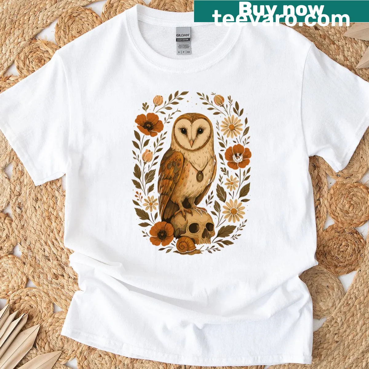 Whimsical art T-shirt with cute owl, skull, and florals — on a men's t-shirt