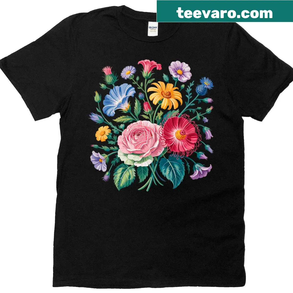 Whimsical wildflowers illustration on premium T-shirt — on a men's t-shirt