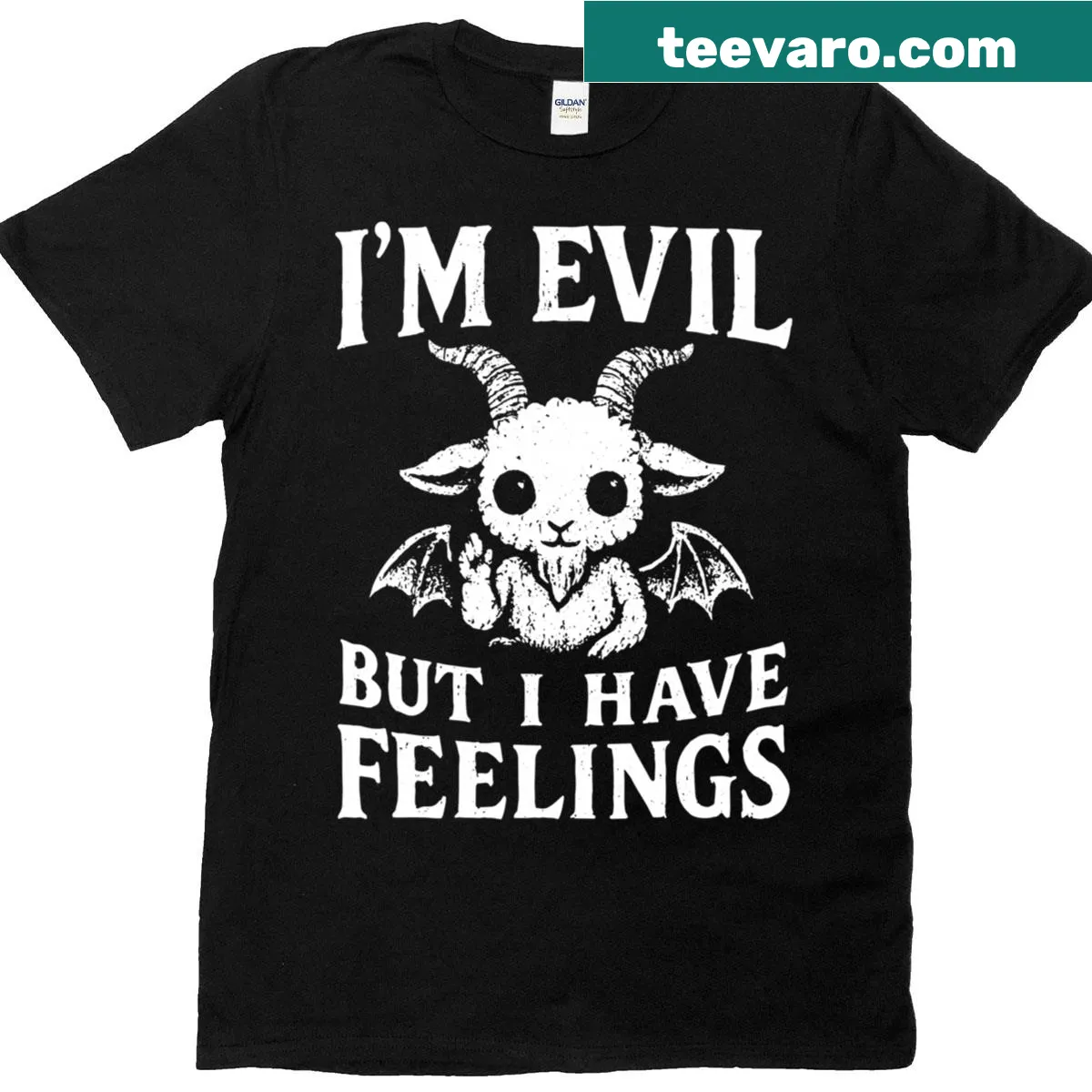 Cute cartoon Baphomet goat graphic tee with dark humor — on a men's t-shirt