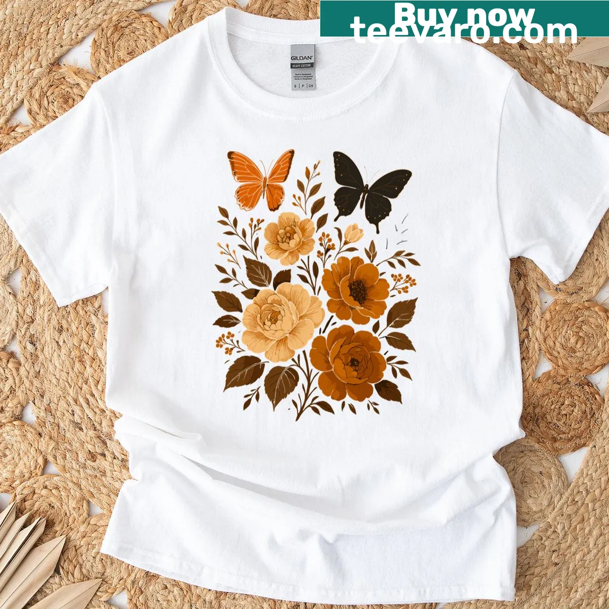 Whimsical forest illustration featuring flowers and butterflies — on a men's t-shirt
