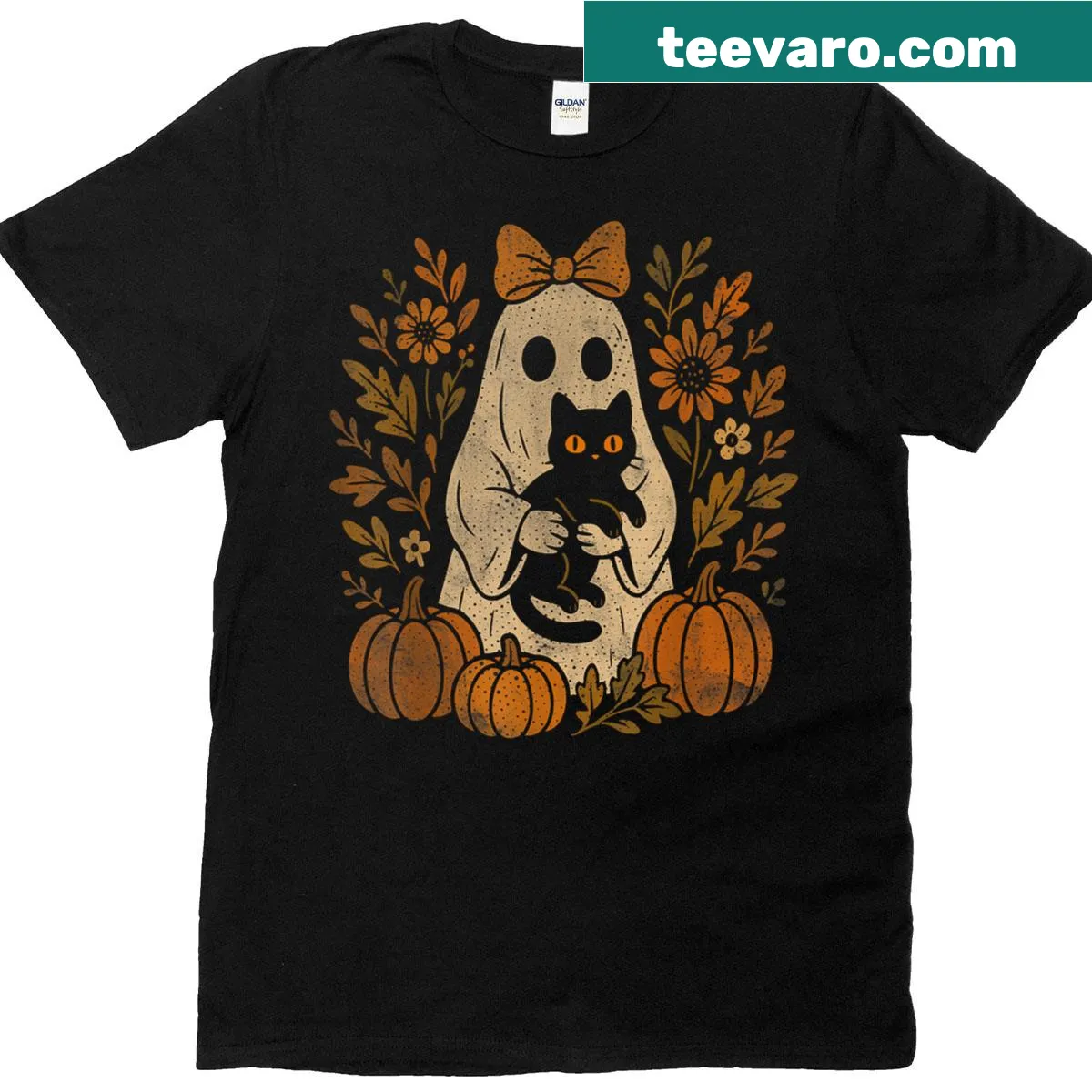 Cute Halloween t-shirt featuring a ghost, black cat, and pumpkins. — on a men's t-shirt