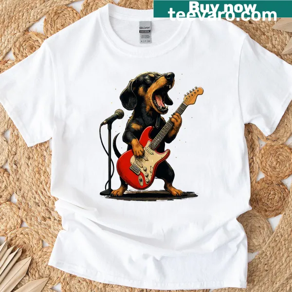 Funny cartoon dachshund with guitar on t-shirt