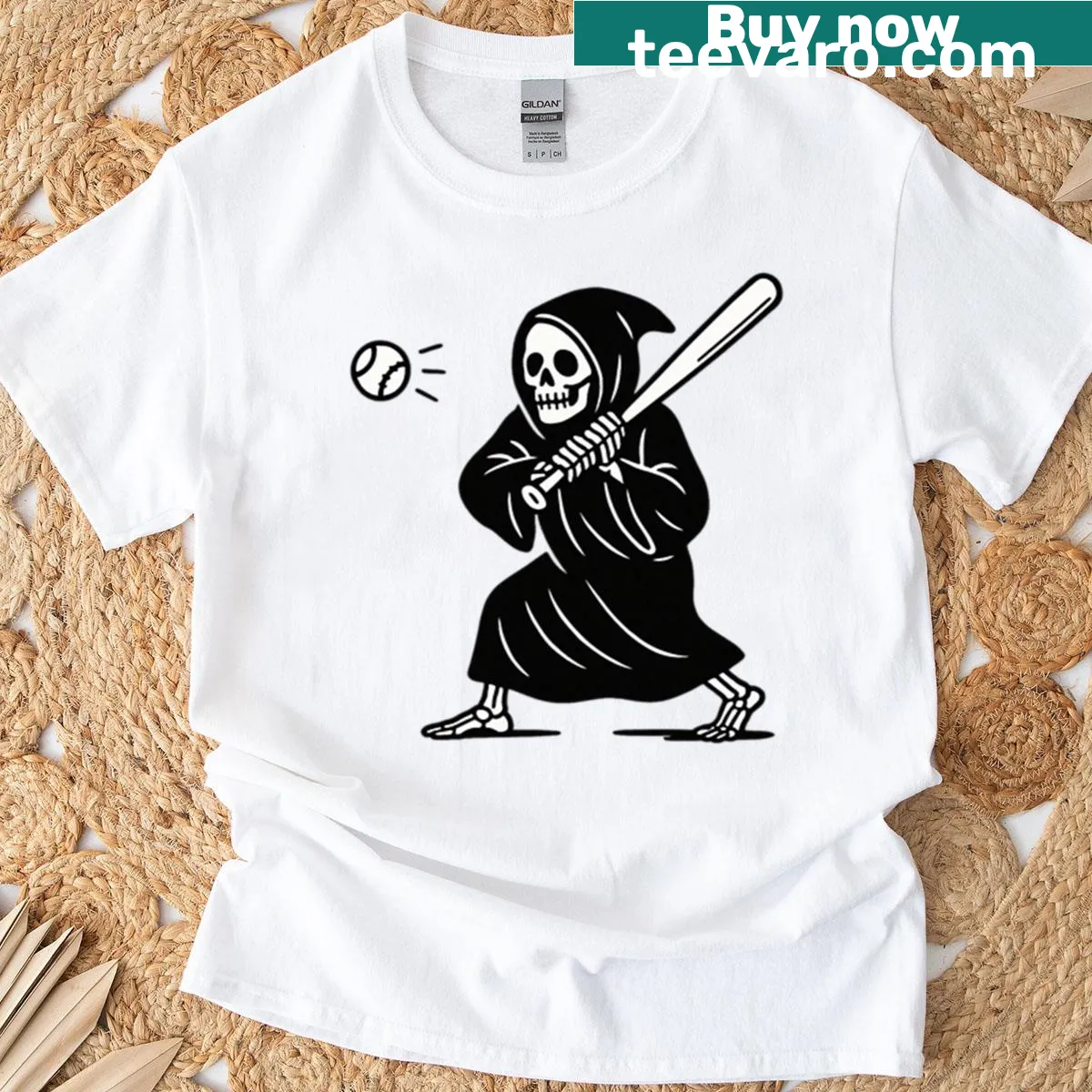 Funny skeleton baseball graphic on t-shirt — on a men's t-shirt