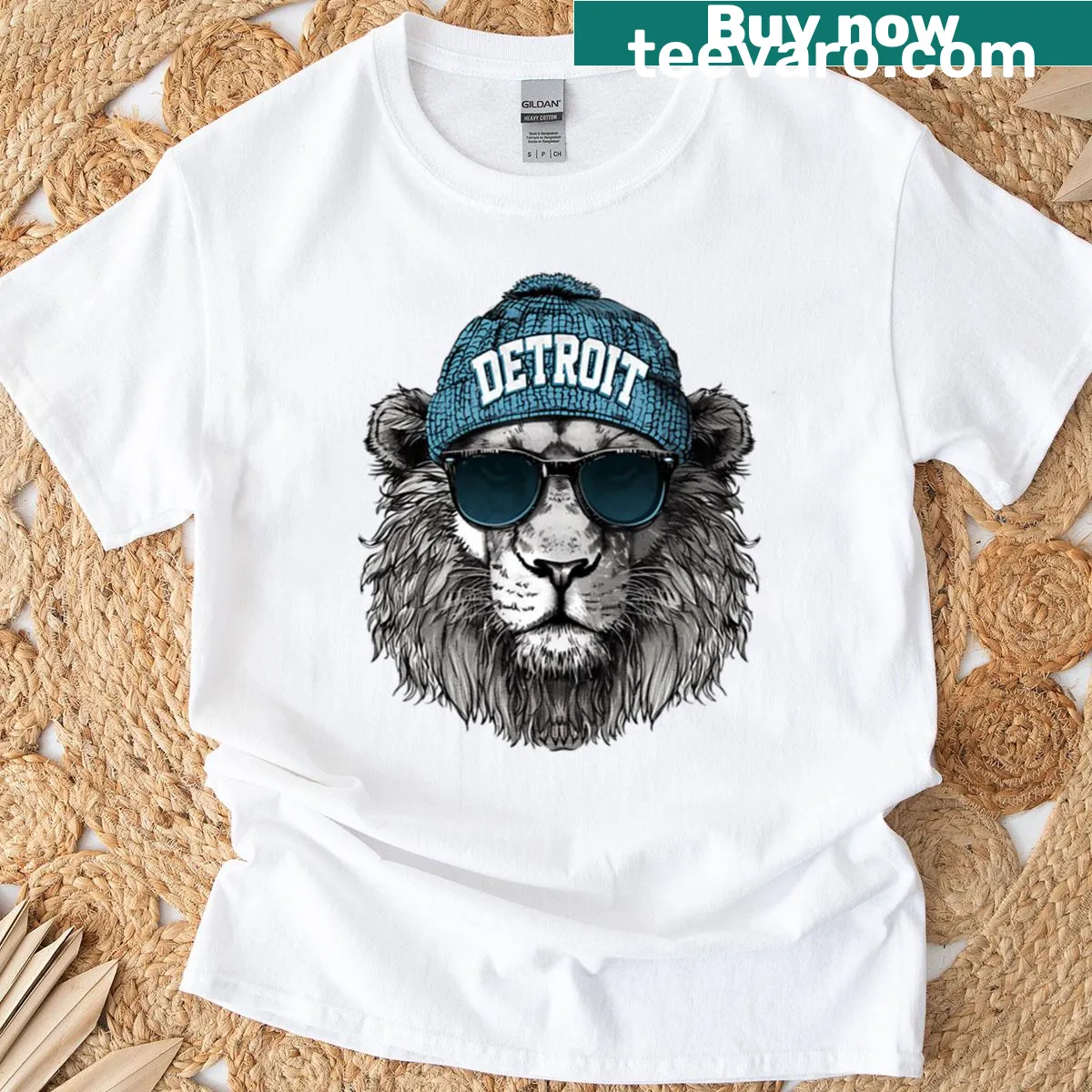 Funny Detroit football fan t-shirt with lion, beanie, and sunglasses — on a men's t-shirt