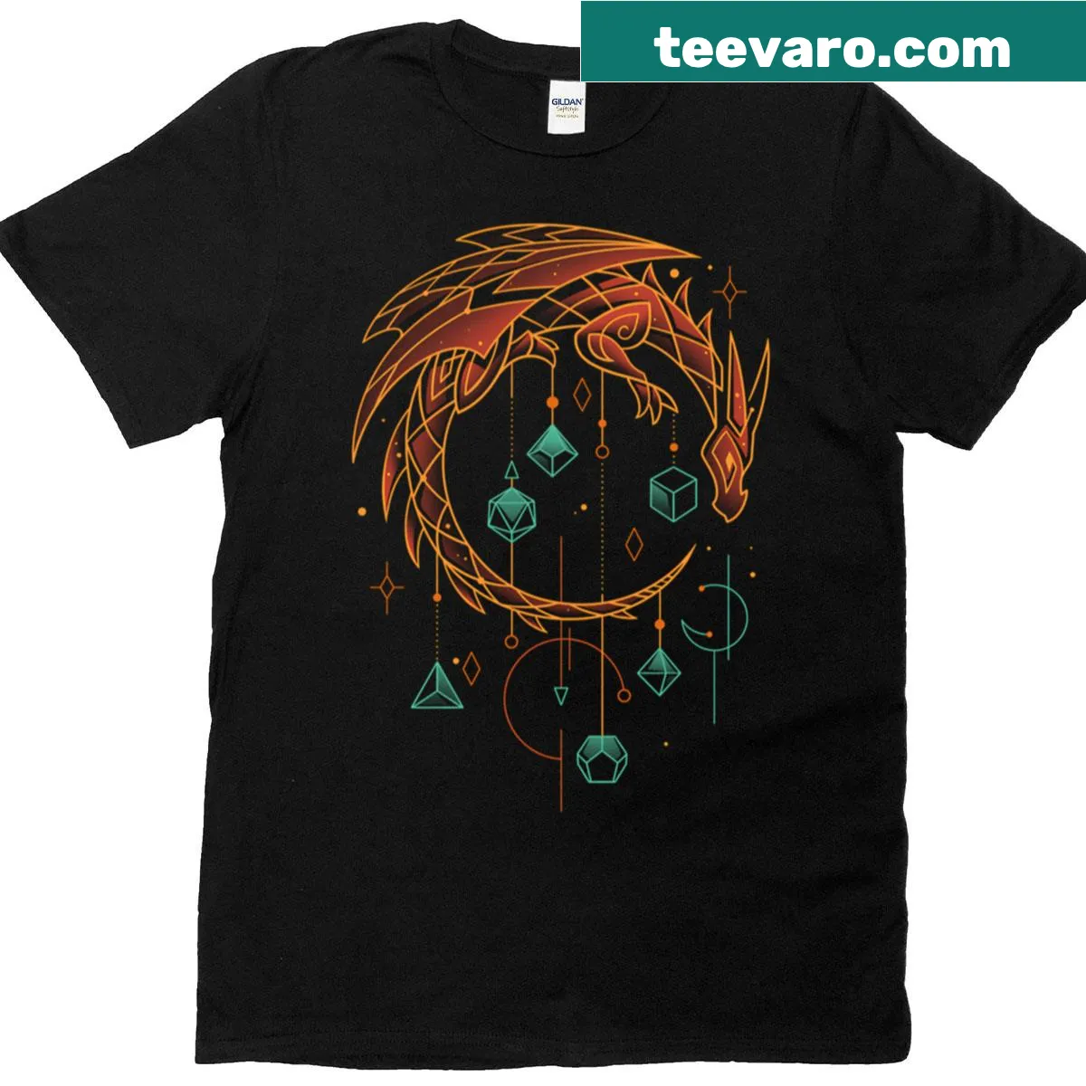 Illustration of a dragon holding dice for a gamer T-shirt — on a men's t-shirt