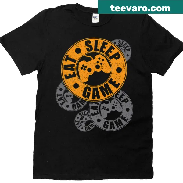 Eat Sleep Game graphic on a playful gamer T-shirt