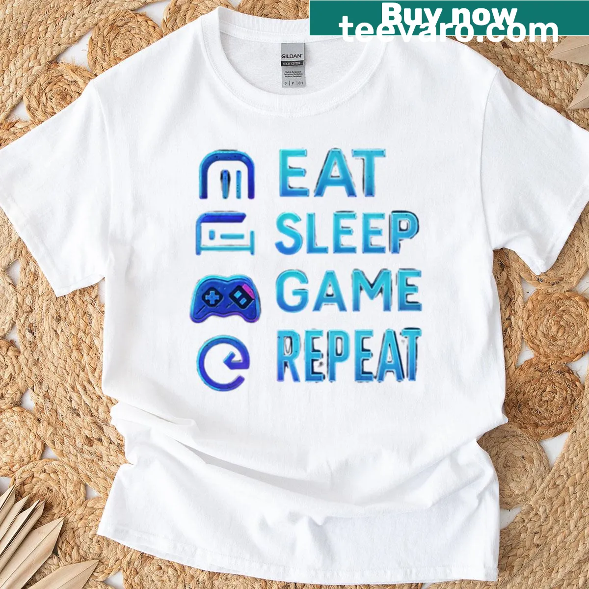 Typography t-shirt with the phrase Eat Sleep Game Repeat — on a men's t-shirt