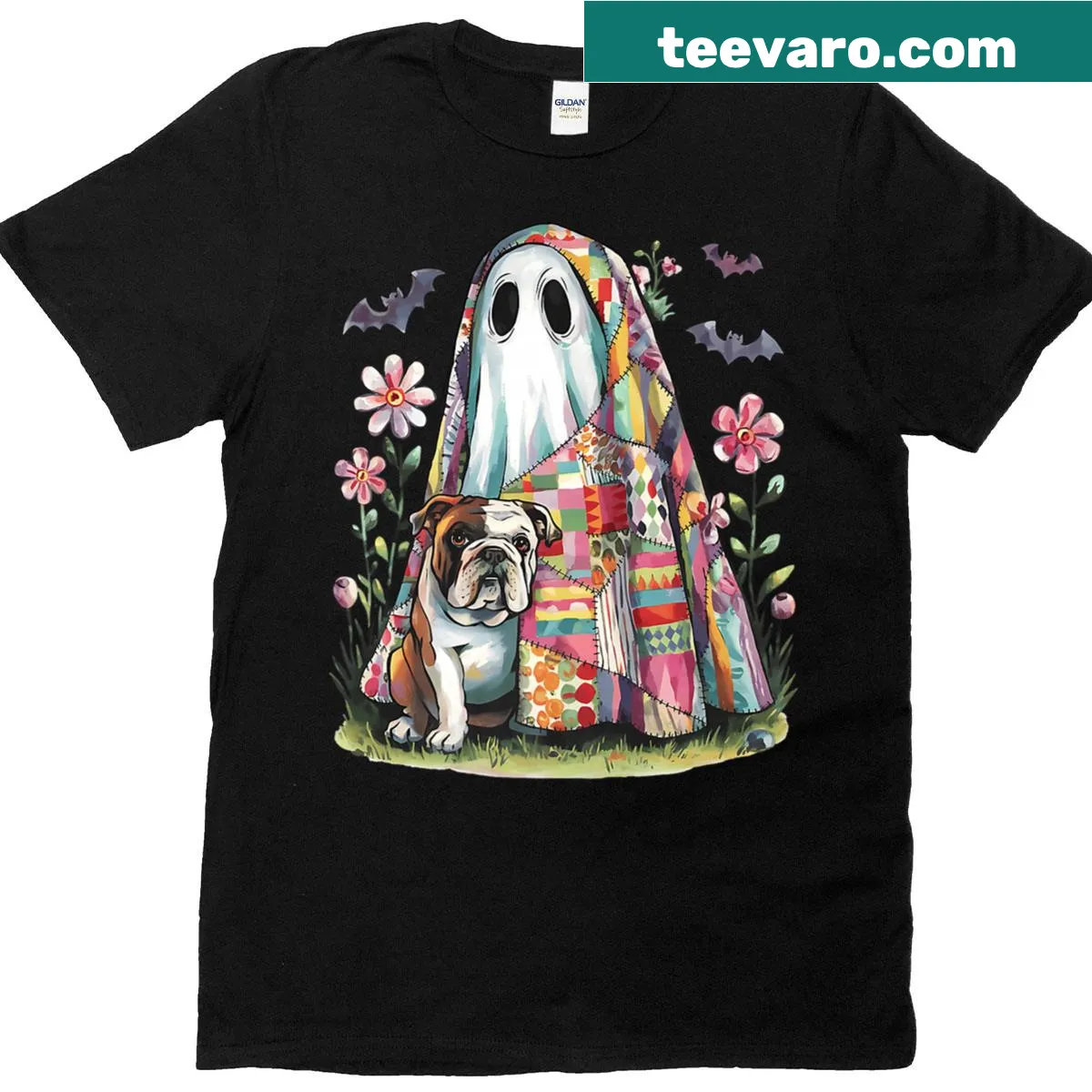 Vintage floral Halloween t-shirt with bulldog puppy ghost design — on a men's t-shirt