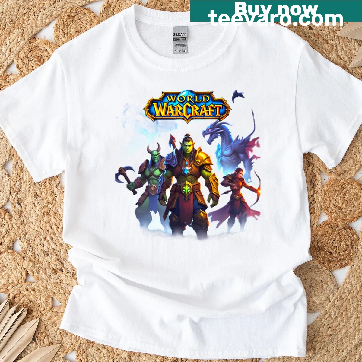Illustrative World of Warcraft T-shirt featuring heroes and a dragon — on a men's t-shirt