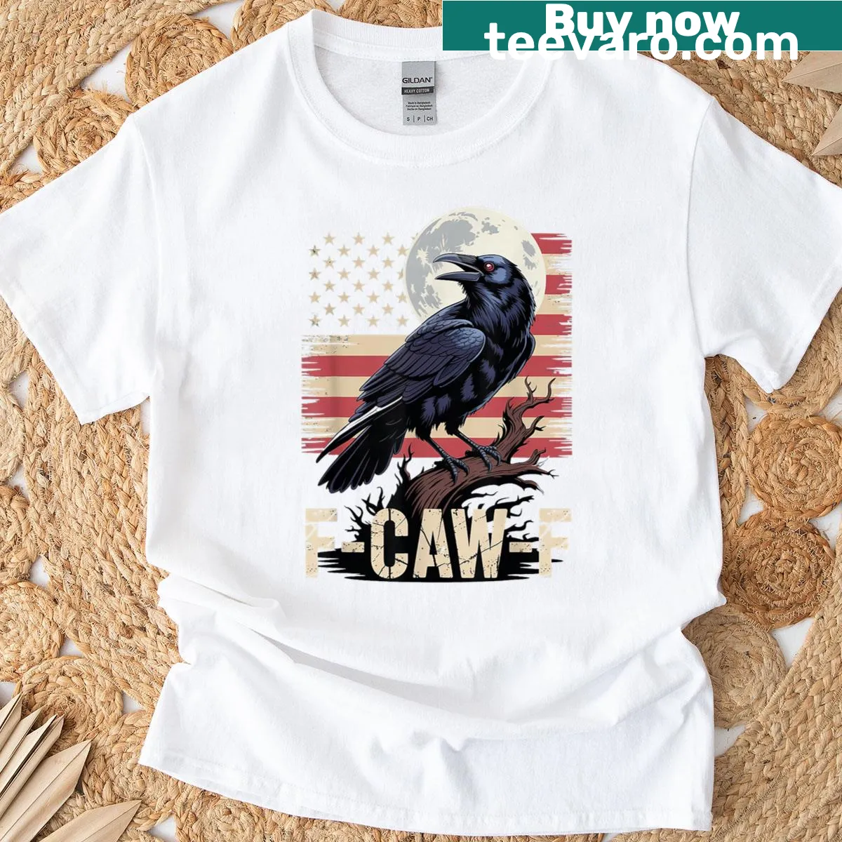 Vintage black crow t-shirt with USA flag design — on a men's t-shirt