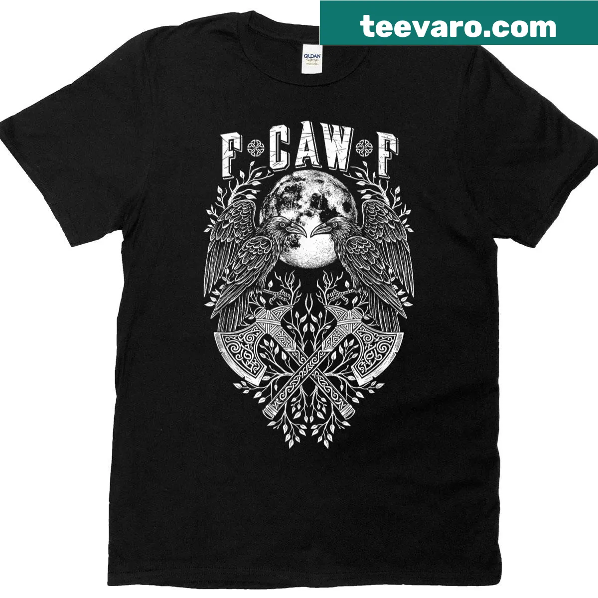 Sarcastic T-shirt with 'F Caw F' phrase in bold typography, featuring a raven design. — on a men's t-shirt