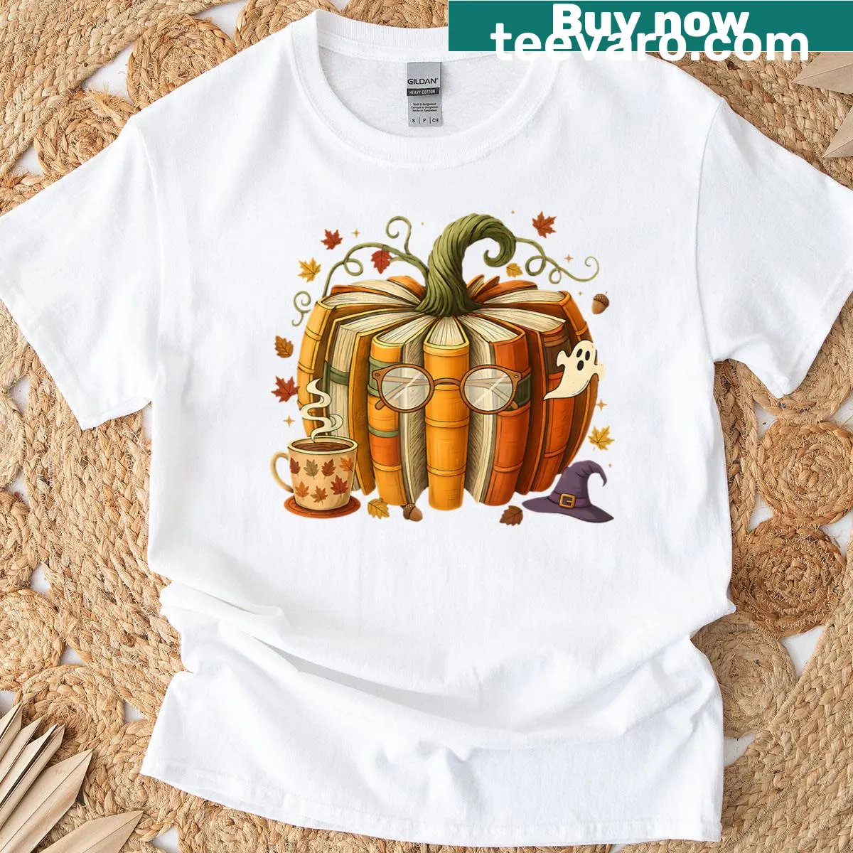 Retro-style fall t-shirt featuring pumpkin and book graphic — on a men's t-shirt