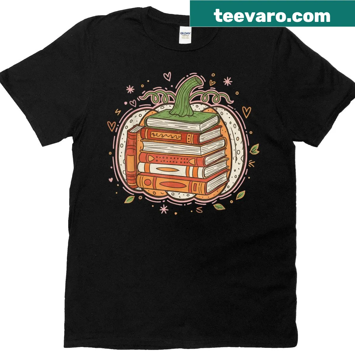 Fall-themed teacher t-shirt with pumpkin and book design — on a men's t-shirt