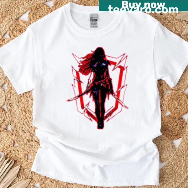 Graphic t-shirt featuring a bold female assassin illustration