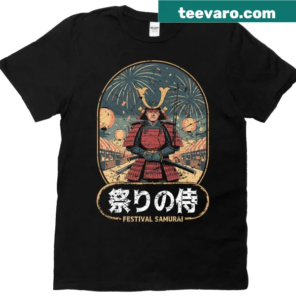 T-shirt featuring a samurai and fireworks motifs along with kanji characters.