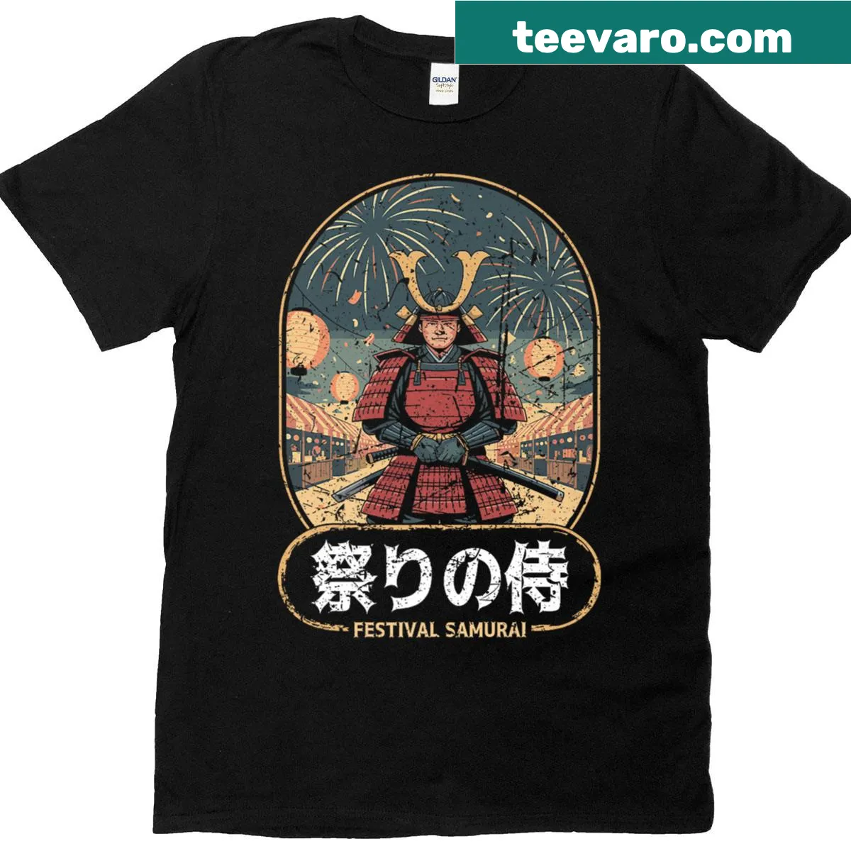 T-shirt featuring a samurai and fireworks motifs along with kanji characters. — on a men's t-shirt