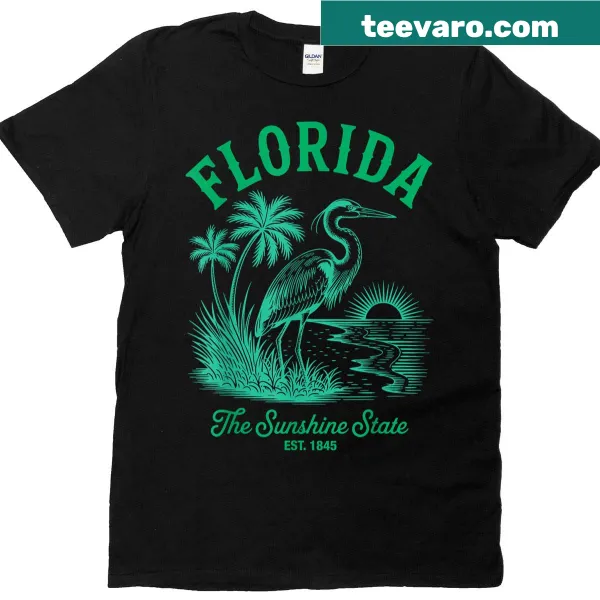 Retro Florida state design t-shirt with palms and a heron