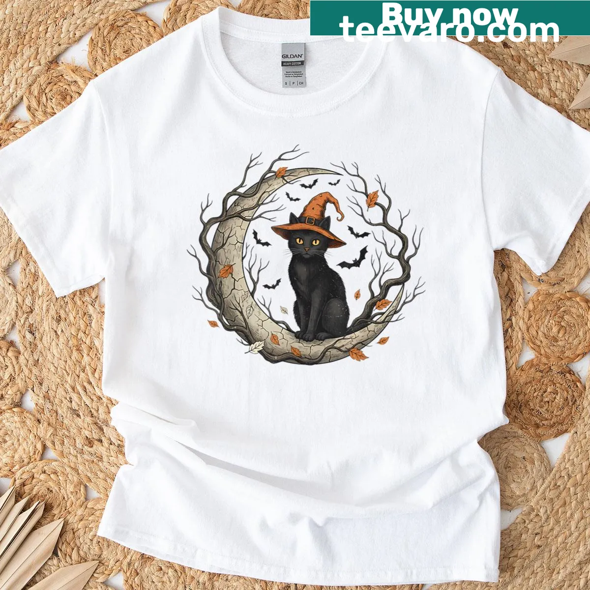 Vintage-style t-shirt featuring a funny cat witch graphic with a moon — on a men's t-shirt
