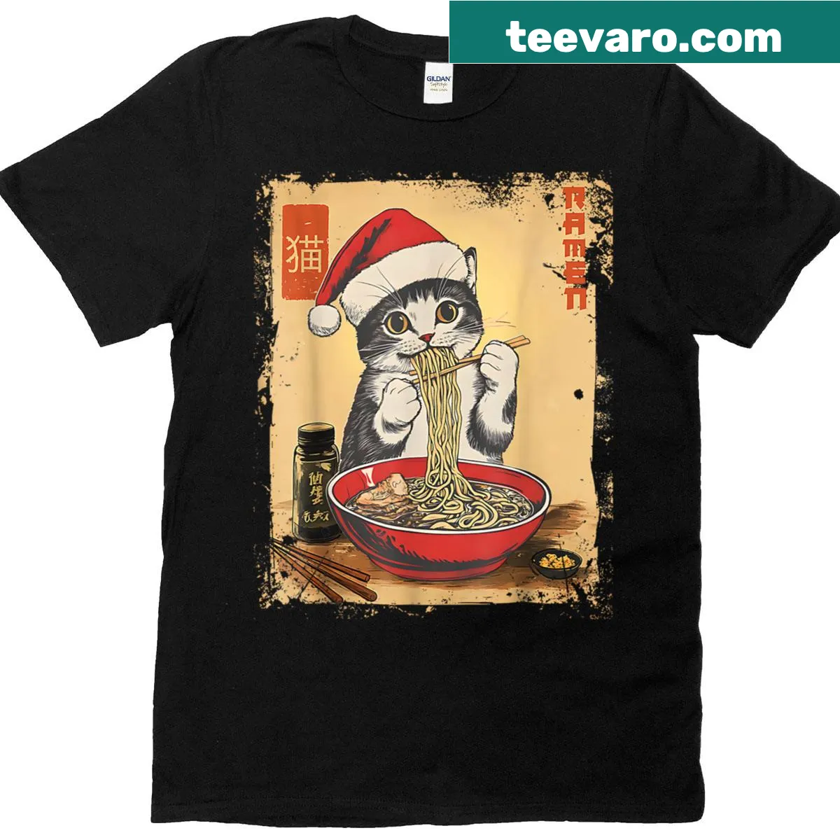 Vintage distressed Christmas T-shirt with Santa cat and ramen graphic — on a men's t-shirt