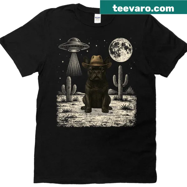 Vintage distressed T-shirt featuring a French bulldog cowboy with a UFO