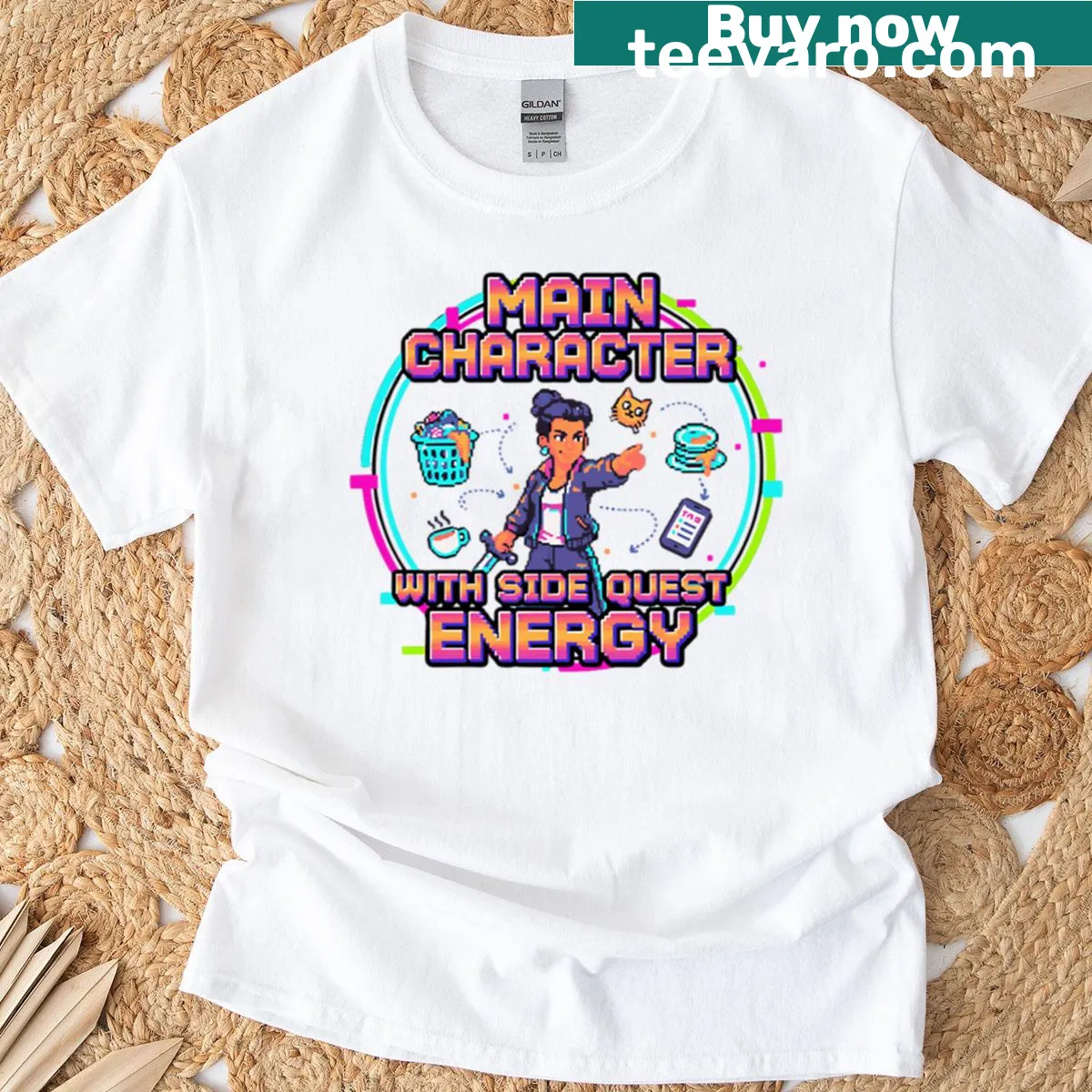 Funny pixel art gaming t-shirt with main character design — on a men's t-shirt
