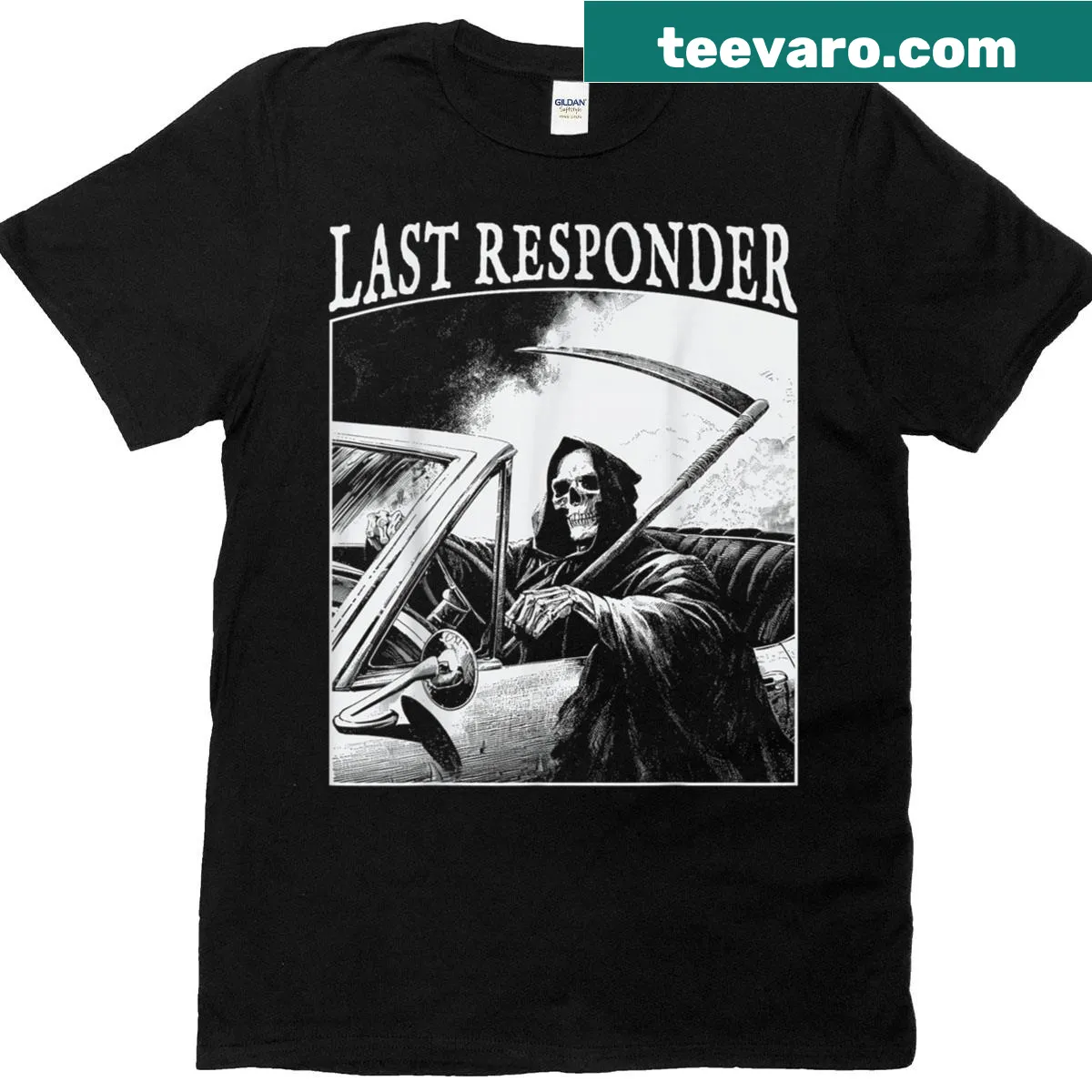 Vintage Grim Reaper Last Responder graphic t-shirt — on a men's t-shirt