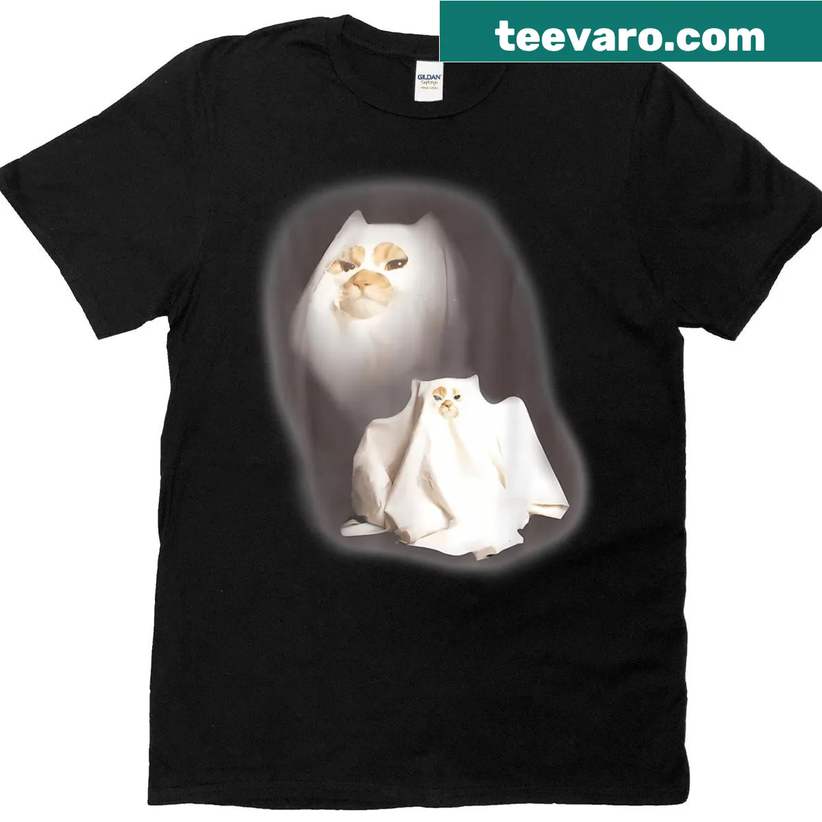 Whimsical Halloween T-shirt with a wizard cat and ghost design. — on a men's t-shirt