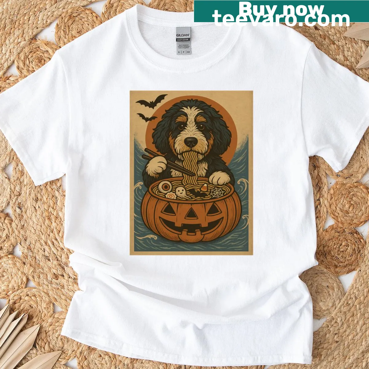 Cartoon graphic of a Bernedoodle, pumpkins, and ramen on T-shirt — on a men's t-shirt
