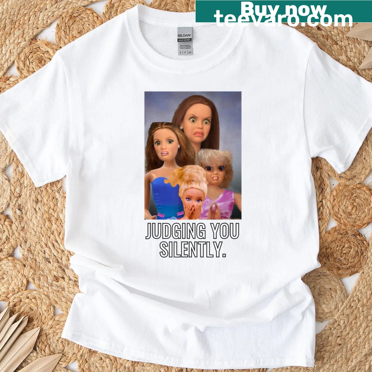Vintage Thanksgiving t-shirt with a funny portrait of judgmental dolls — on a men's t-shirt