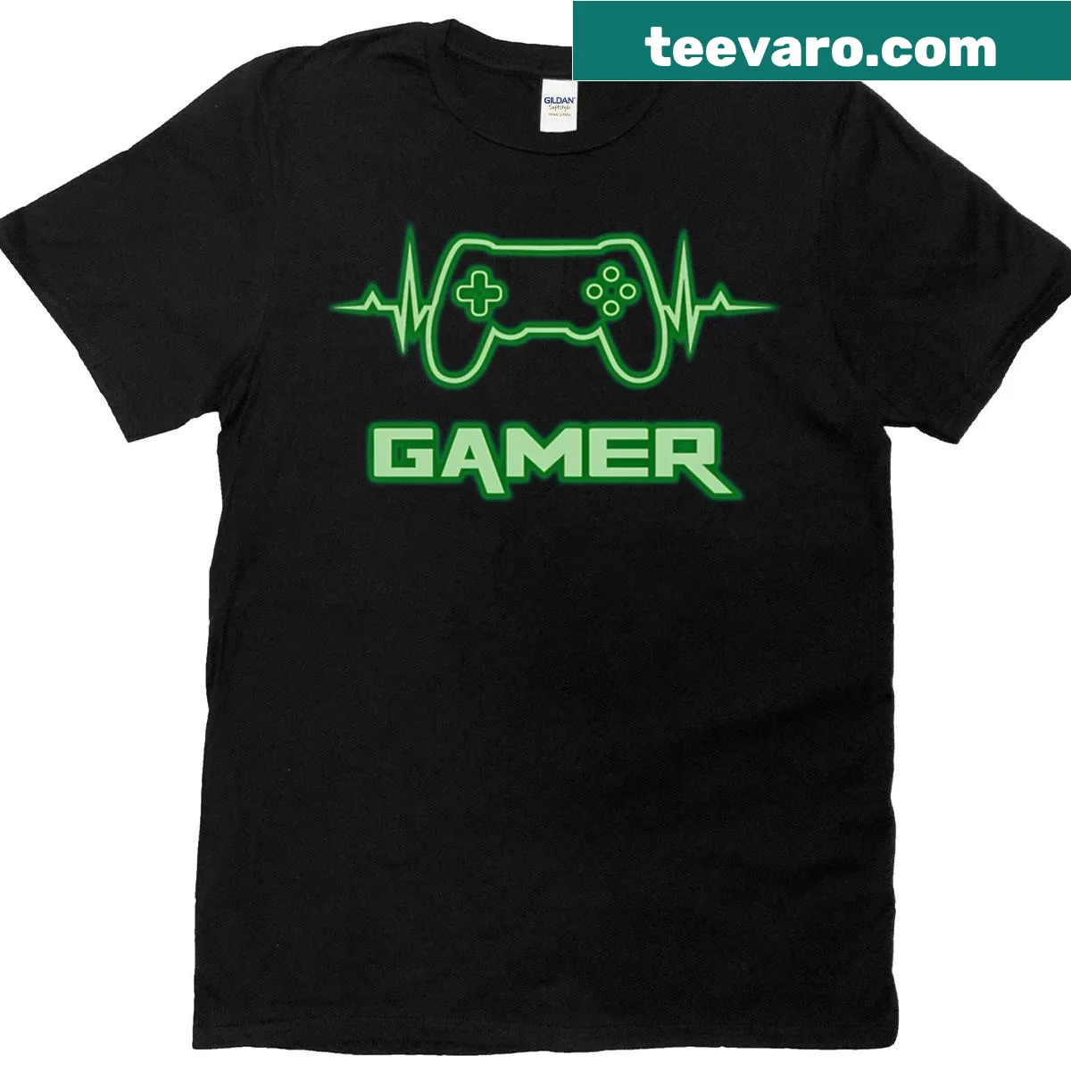 T-shirt with a heartbeat line turning into a gaming controller — on a men's t-shirt