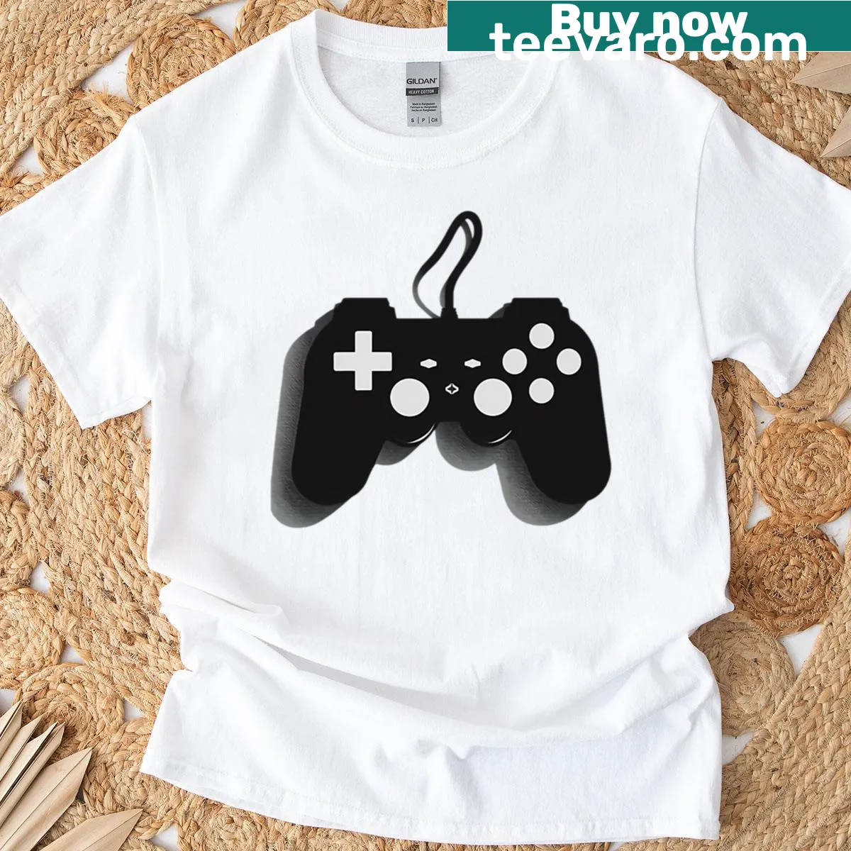 Minimalist silhouette of a video game controller on a black T-shirt — on a men's t-shirt