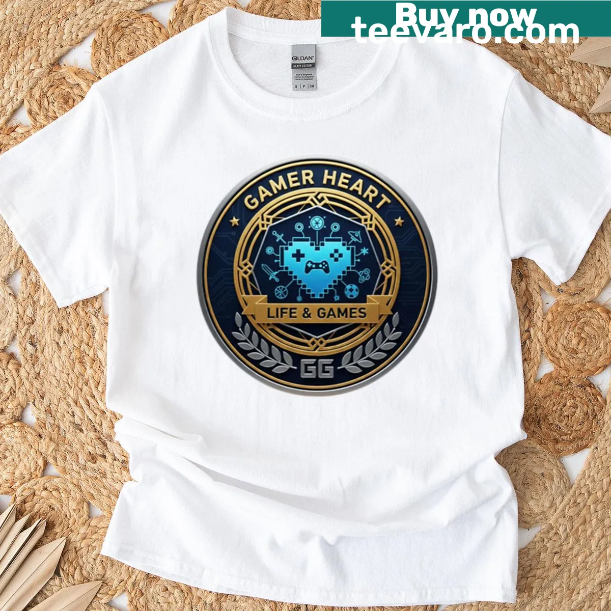 Bold gamer heart graphic t-shirt design — on a men's t-shirt