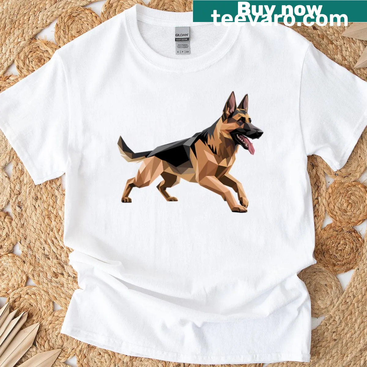 Oversized t-shirt with a low poly German Shepherd logo — on a men's t-shirt