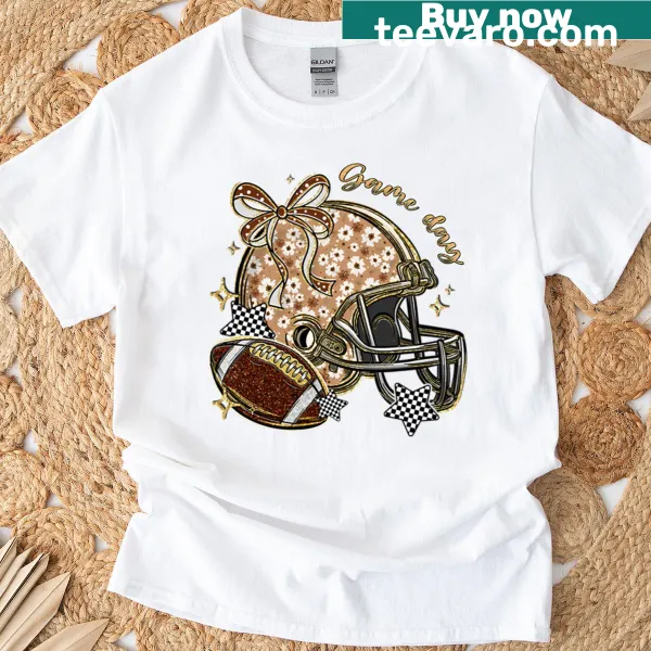 Illustration of a glittery rugby ball on a playful sports T-shirt