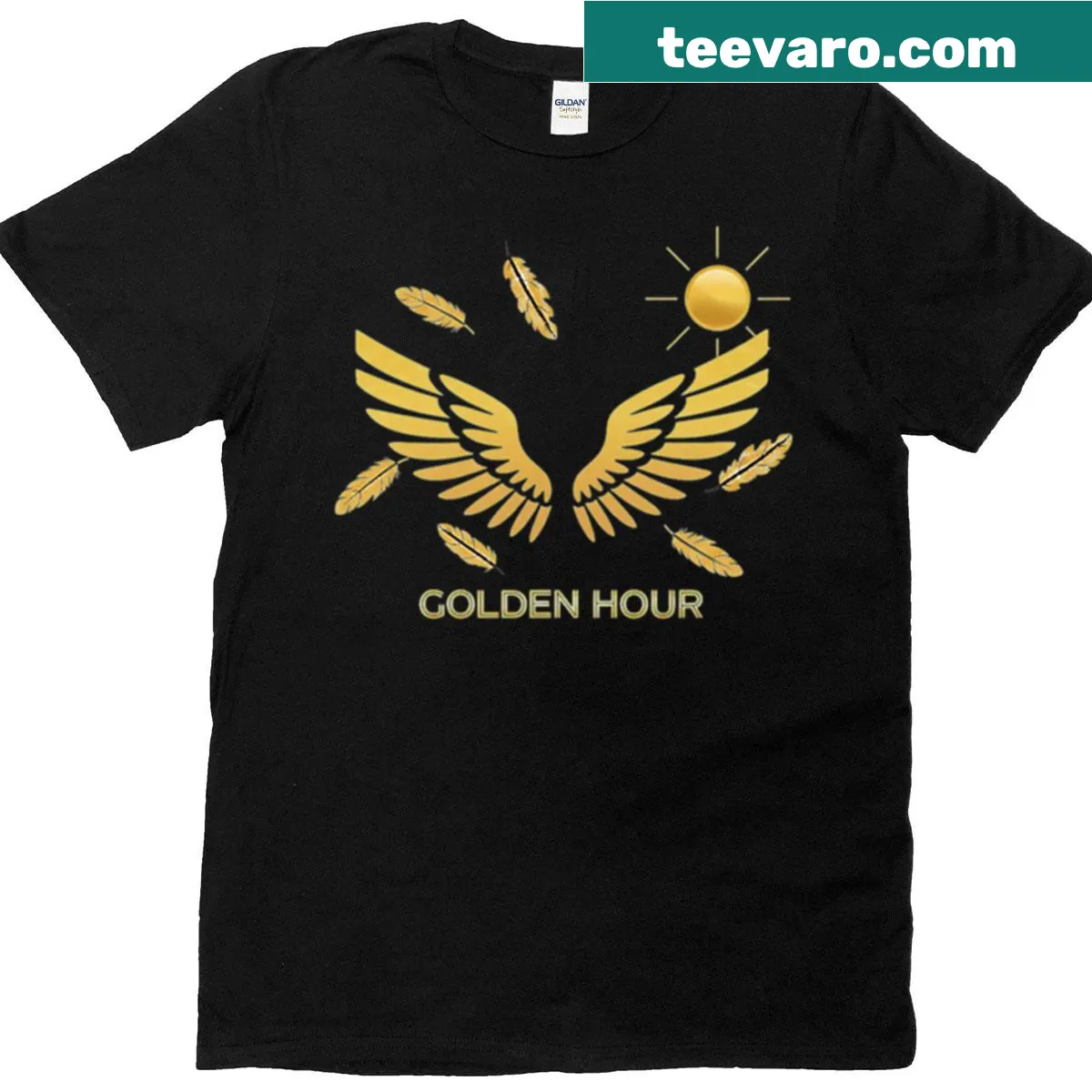 T-shirt with golden hour and feather design — on a men's t-shirt