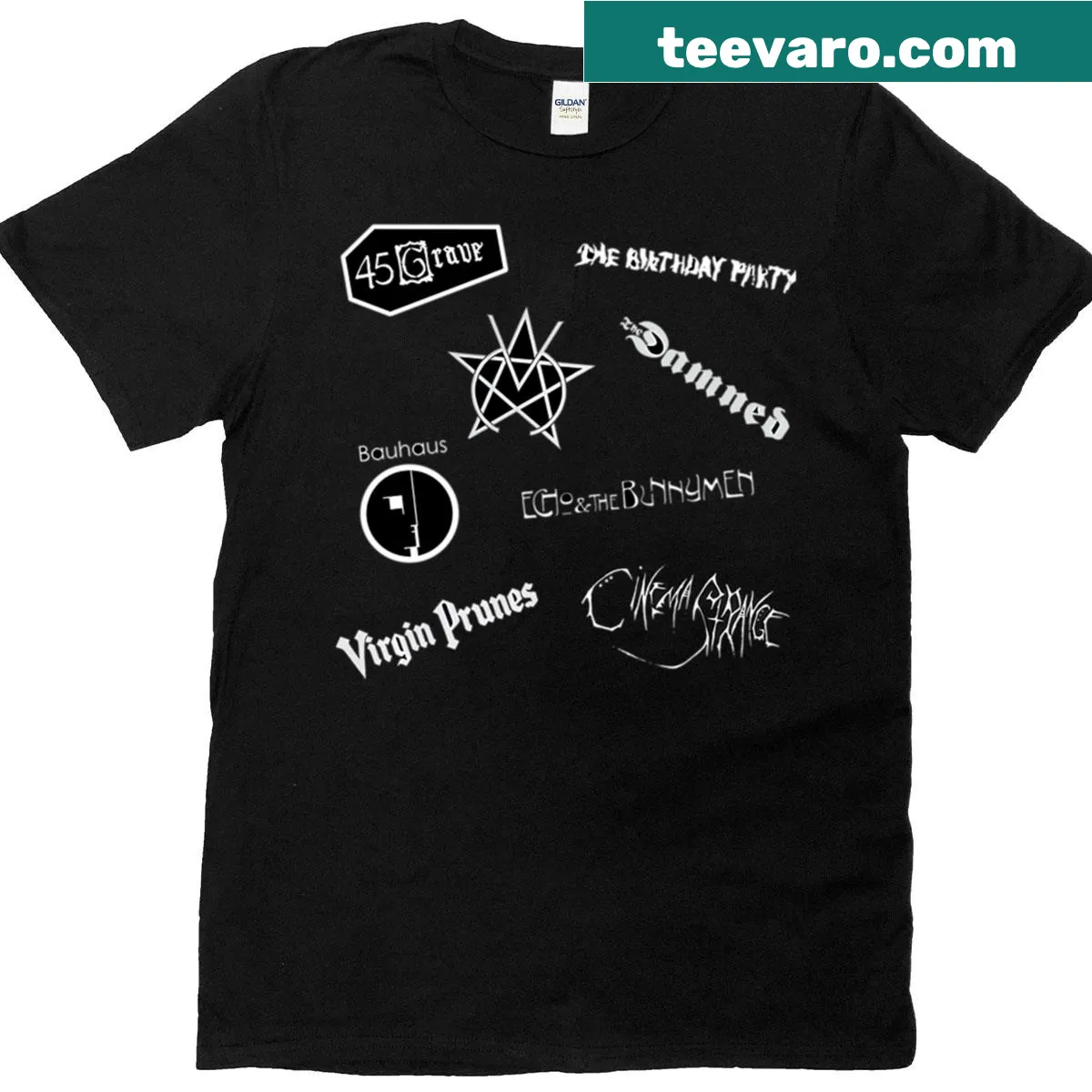 Goth music tee with band logos design — on a men's t-shirt