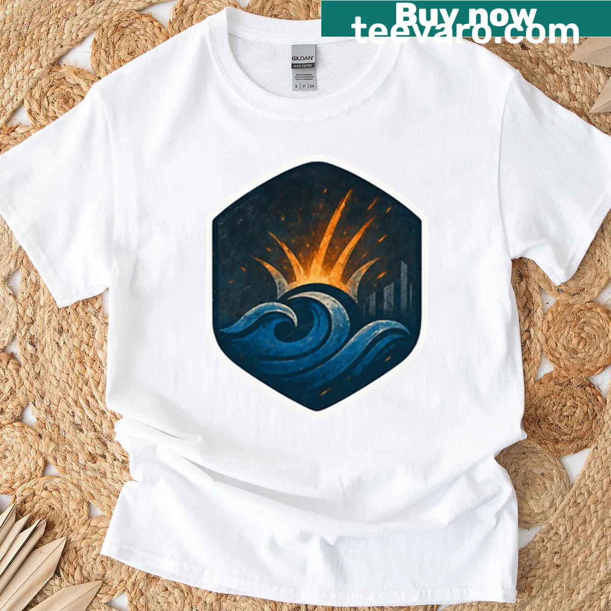 Vintage distressed Great Lakes horizon t-shirt design — on a men's t-shirt