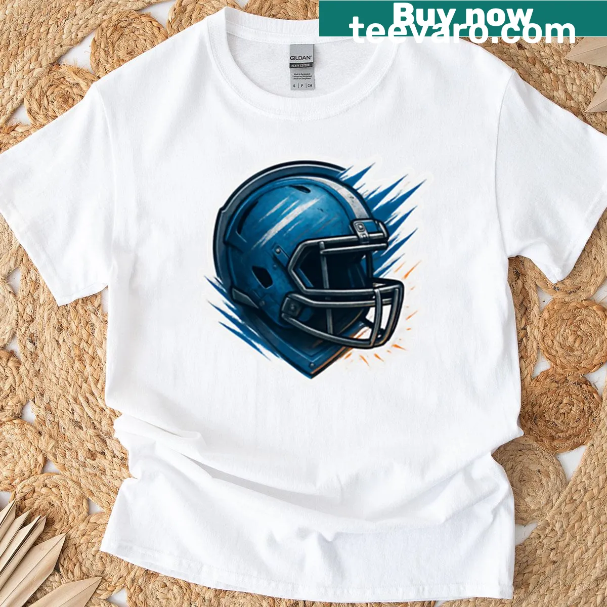 Gritty blue helmet illustration on a T-shirt, highlighting adventure themes — on a men's t-shirt
